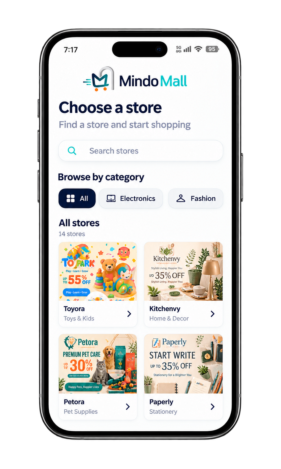 MindoMall app — choose a store