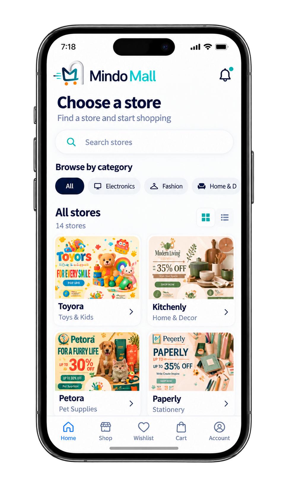 MindoMall app — choose a store